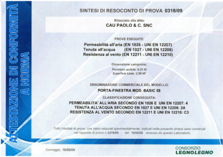 Certificato Aria Acqua Vento Porta Finestra